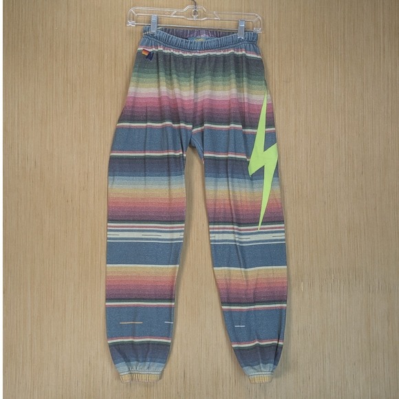 Aviator Nation Rainbow Stripe Sweatpants Neon Bolt Logo Joggers Women's Small
